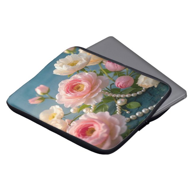 Elegant ljusa rosa  blommor med pärlor laptop fodral (Framsida topp)