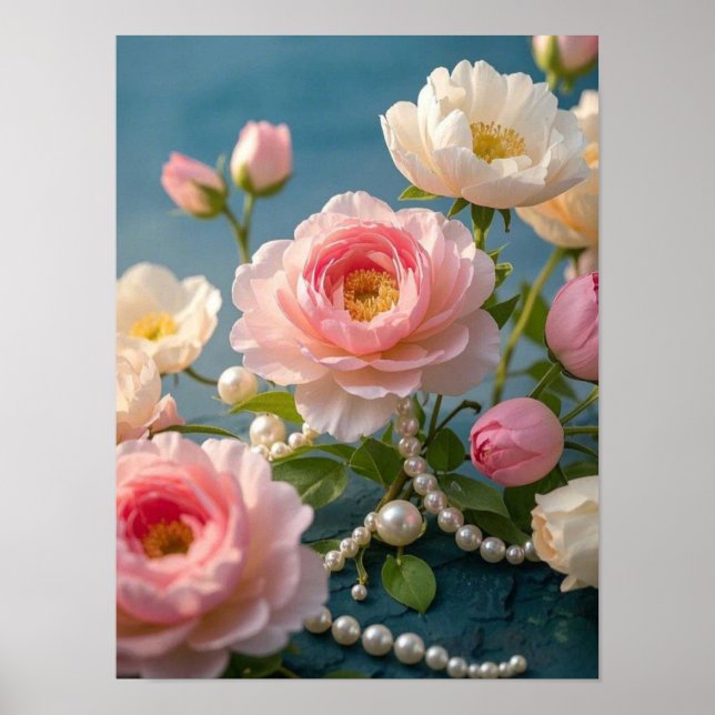 Elegant ljusa rosa  blommor med pärlor poster (Framsidan)