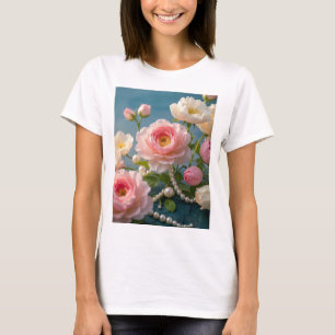 Elegant ljusa rosa blommor med pärlor t shirt