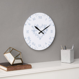 Elegant ljusblå blommig Toile de Jouy-vägg Stor Klocka