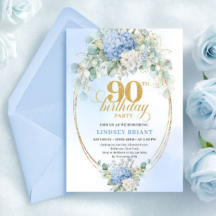 Elegant ljusblå blomsterguld inbjudan till 90-årsf