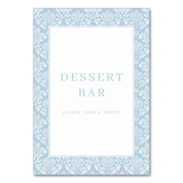 Elegant ljusblå damast skylt för dessertbaren bordsnummer (Framsidan)