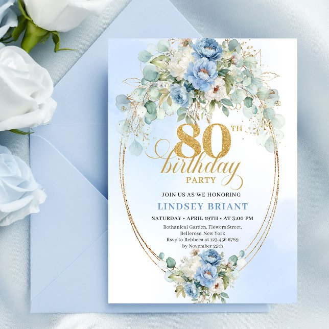 Elegant Ljusblå Peony Blommig Guld 80-årsdag Inbjudningar (Elegant Light Blue Peony Floral Gold 80th Birthday Invite)