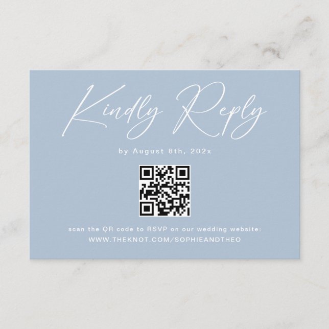 Elegant ljusblå QR-kod bröllop RSVP Tilläggskort (Framsida)
