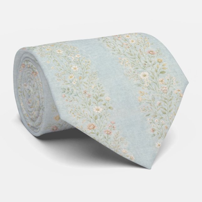 Elegant ljusblå vintage botanisk  slips (Rullad)