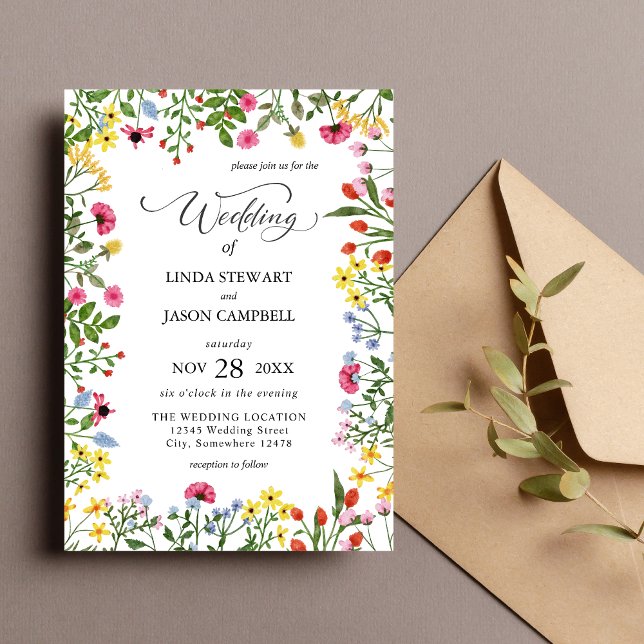 Elegant Ljusfärgad Livlig Vildblomma Blommig Bröll Inbjudningar (Elegant bright colorful wildflower wedding invitation sets a joyful, vibrant tone)