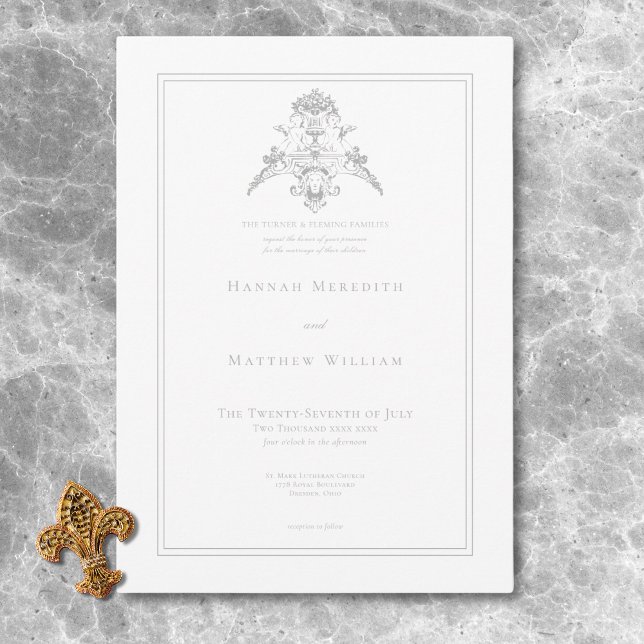 Elegant Ljusgrå Chinoiserie Kerub Högtids- Inbjudningar (Elegant Light Gray Chinoiserie Cherub Wedding Invitation)