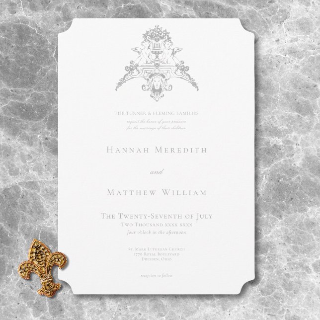 Elegant Ljusgrå Chinoiserie Kerub Högtids- Inbjudningar (Elegant Light Gray Chinoiserie Cherub Wedding Invitation)
