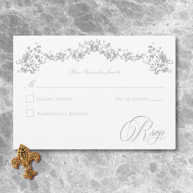 Elegant Ljusgrå Chinoiserie Kerub Högtids- OSA Kort (Elegant Light Gray Chinoiserie Cherub Wedding RSVP Card)