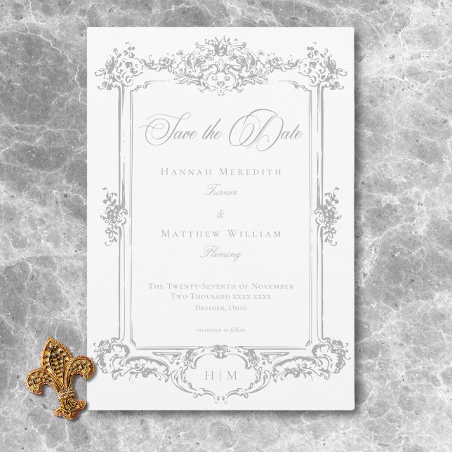 Elegant Ljusgrå Chinoiserie Kerub Högtids- Spara Datumet (Elegant Light Gray Chinoiserie Cherub Wedding Save The Date)