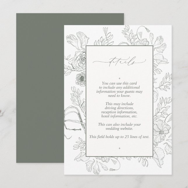 Elegant ljusgrön blomstergrafik för bröllopsdetalj tilläggskort (Fram/baksida)