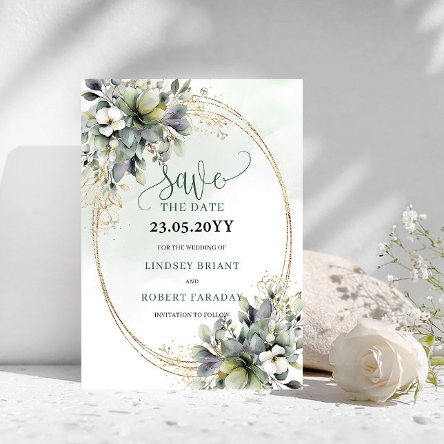 Elegant ljusgrön botanisk Spara datum-kort Datumet (Chic Sage Green Botanical Save The Date Card)