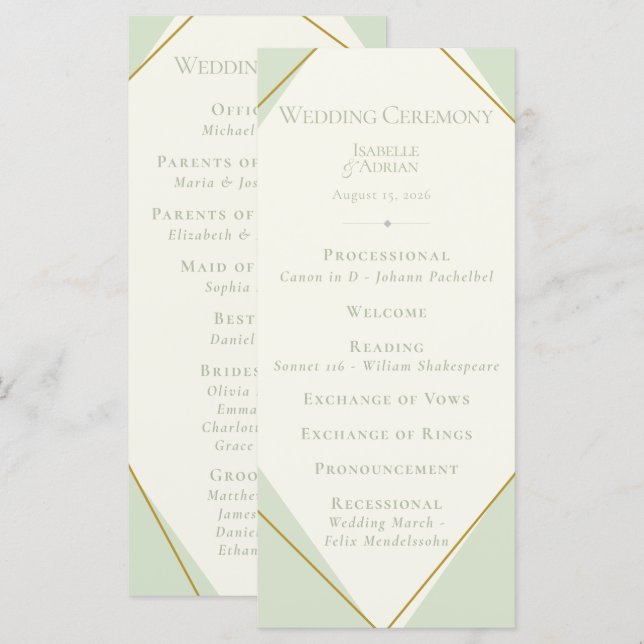 Elegant ljusgrön geometrisk bröllopsprogram program (Fram/baksida)