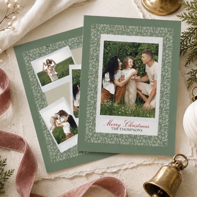 Elegant ljusgrön spetskant foto julkort (Elegant Sage Green Lace Border Photo Holiday Card)