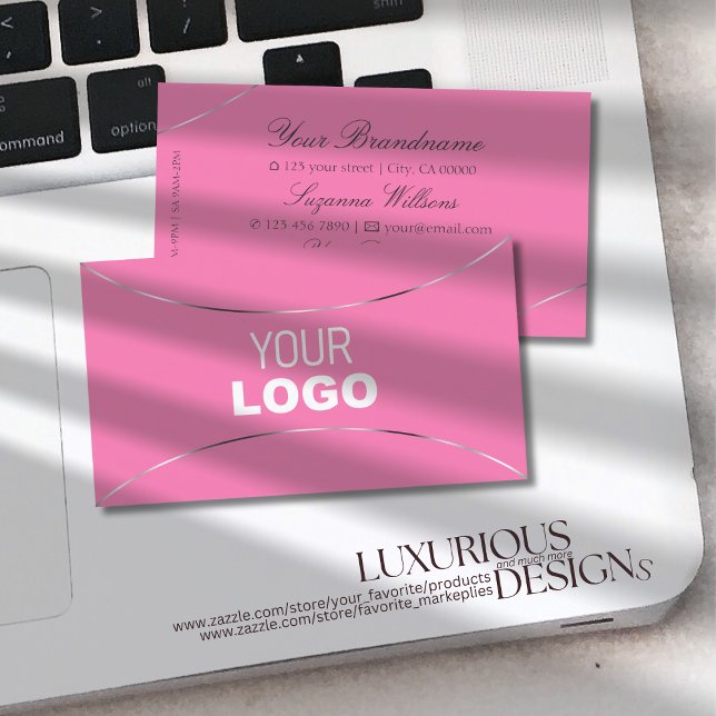 Elegant ljusrosa med silverdekoration och logotyp  visitkort (Skapare uppladdad)