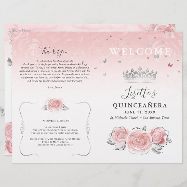 Elegant Ljusrosa och Silver Quinceanera-program (Fram/baksida)