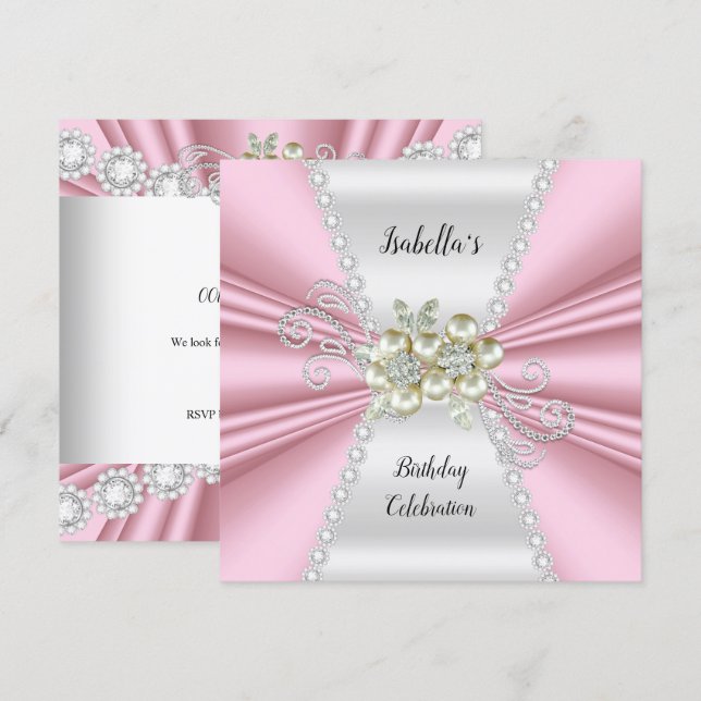 Elegant Ljusrosa Pärl Vit Diamant Födelsedags- Inbjudningar (Fram/baksida)