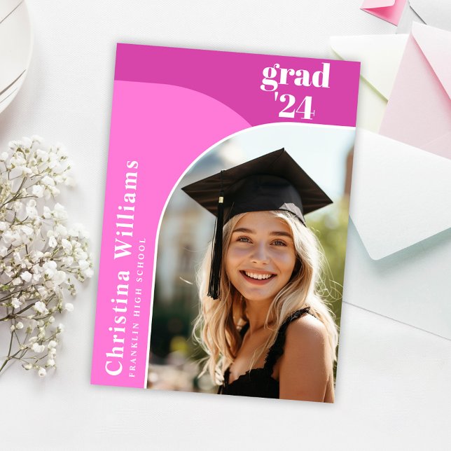 Elegant ljusrosa valv fotoboll examensfest inbjudningar (Elegant Hot Pink Arch Photo Graduation Party Invitation)