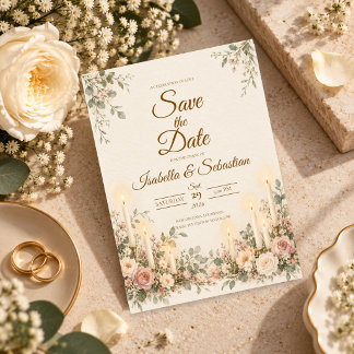 Elegant Ljusstak Blush Blommig Bröllop Spara Datumet