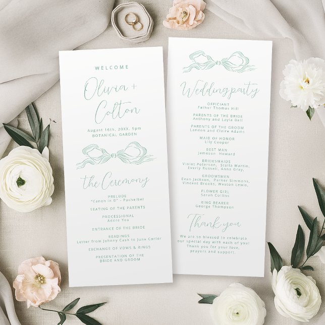 Elegant ljust grön handritad båge bröllopsprogram meny (Elegant Light Green Hand Drawn Bow Wedding Program)
