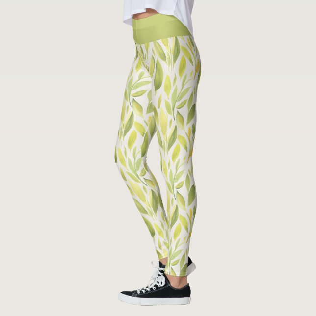 Elegant Ljust grönt Gulten Löv Mönster Leggings (Vänster)