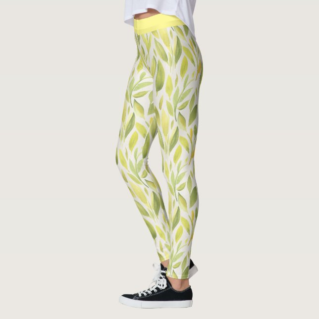Elegant Ljust grönt Gulten Löv Mönster Leggings (Vänster)