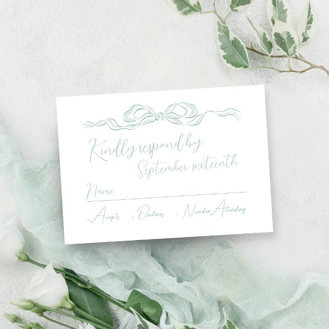 Elegant Ljust grönt Hand plockade Bow Bröllop OSA Kort (Elegant Light Green Hand Drawn Bow Wedding RSVP Card)