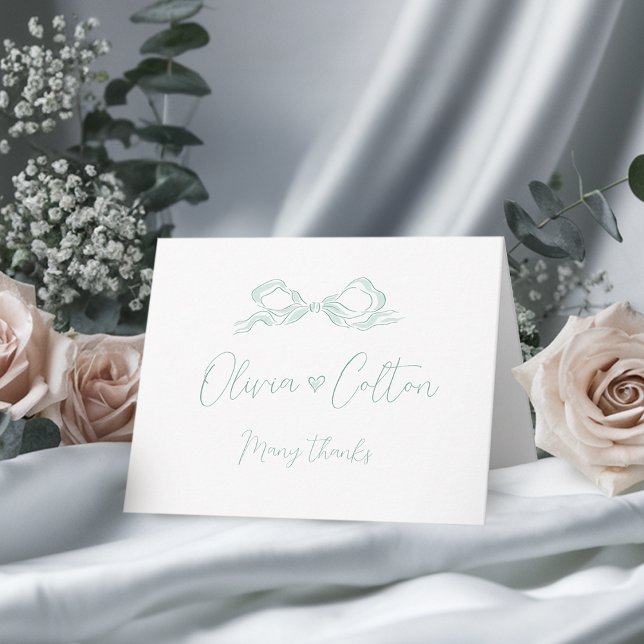Elegant Ljust grönt Hand plockade Bow Bröllop Tack Kort (Elegant Light Green Hand Drawn Bow Wedding Thank You Card)
