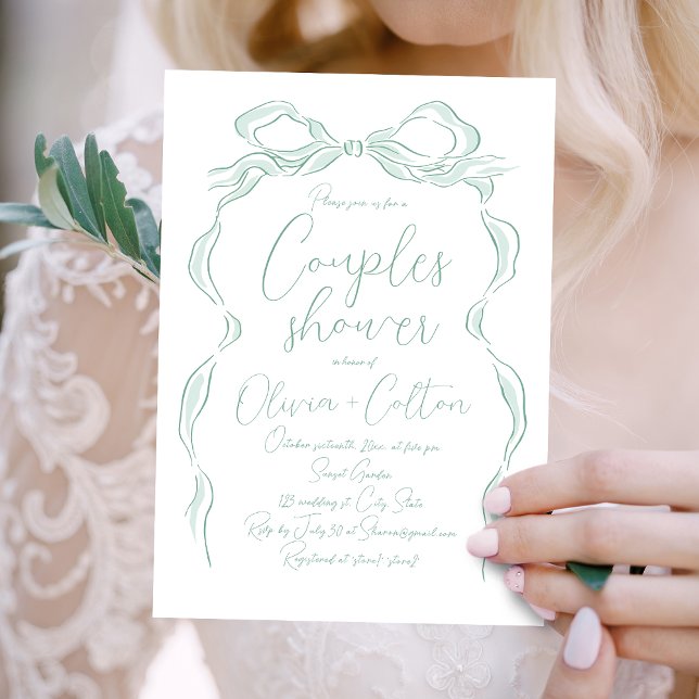 Elegant Ljust grönt Hand plockade Bow Par Shower Inbjudningar (Elegant Light Green Hand Drawn Bow Couples Shower Invitation)