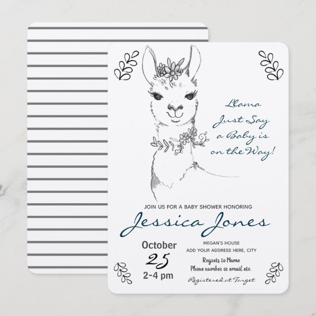 Elegant Llama Girl Baby Shower Rustic Inbjudningar (Fram/baksida)