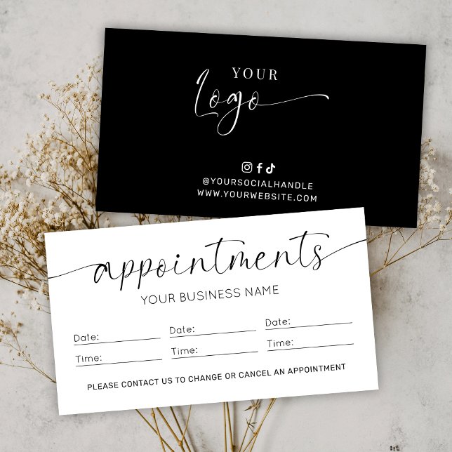 Elegant Logo Black & White Hair Stylist Salon Tidsbeställning Kort (Elegant minimalist black and white beauty salon appointments reminder cards with your logo)