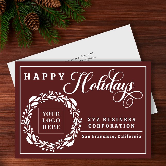 Elegant logokrans God Jul Företag Julkort (Elegant logo wreath business holiday card on a rich burgundy background.)