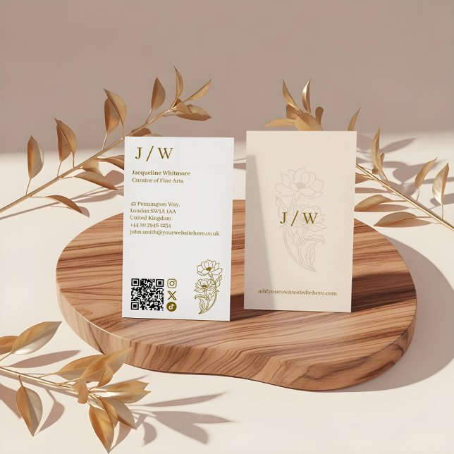 Elegant Logotyp för minimal Blommigt, Monogram QR- Visitkort (Elegant Minimal Floral Logo Monogram QR Code Business Card)