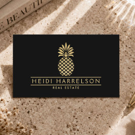 Elegant Logotyp med Guldananas på Svart Visitkort