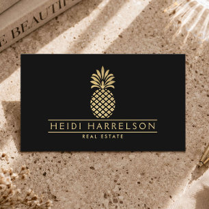 Elegant Logotyp med Guldananas på Svart Visitkort
