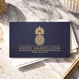 Elegant logotyp med guldgul ananas på dunkelblå ba visitkort