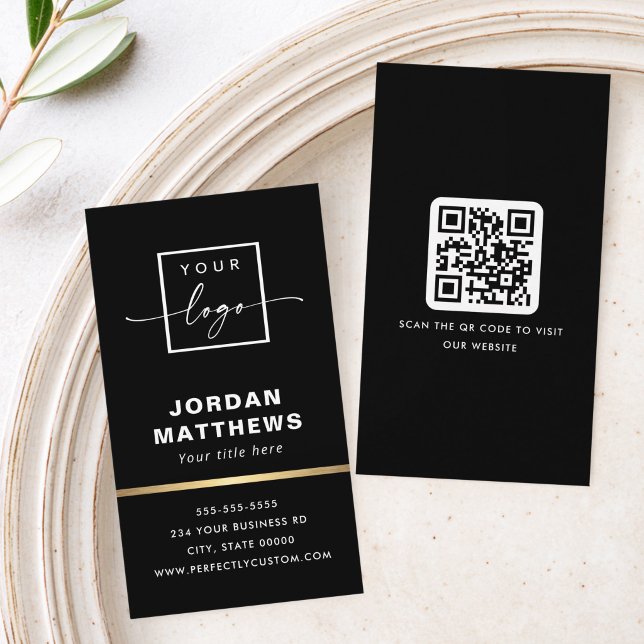 Elegant logotyp QR-kod gyllene gradientkant svart Visitkort (Elegant logo QR code golden gradient border black Business Card)