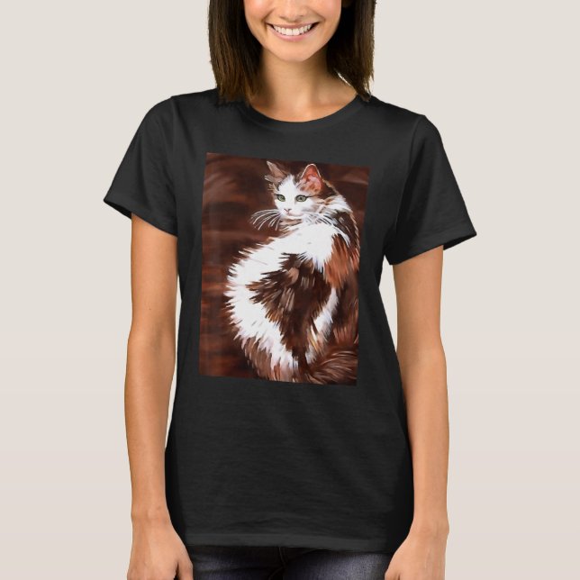 Elegant Long Haired Calico Cat Pet Portrait 1 T Shirt (Framsida)