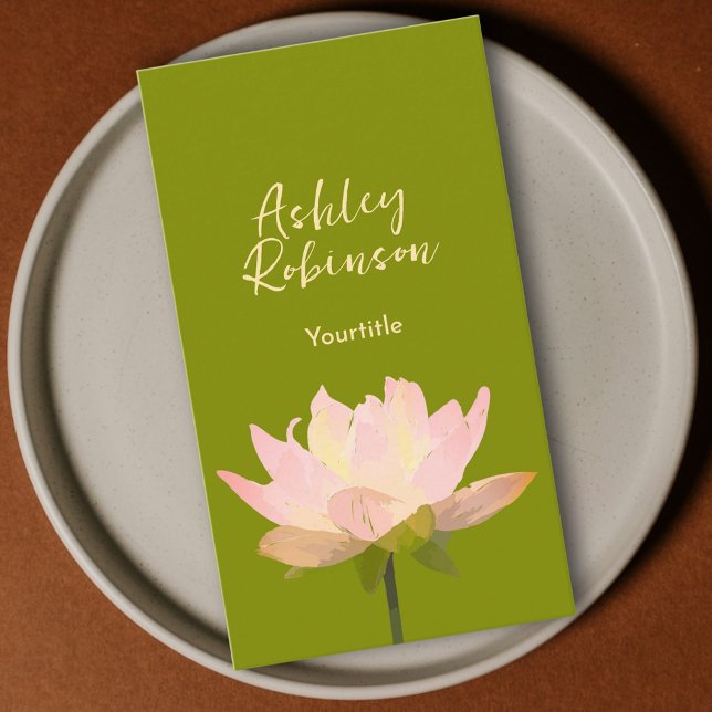 Elegant lotus flower boho avocado green QR code Visitkort (Elegant lotus flower boho avocado green QR code Business Card)