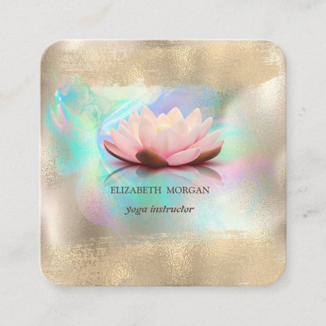 Elegant Lotus Flower Guld Penseldrag Holografisk Fyrkantigt Visitkort (Framsida)