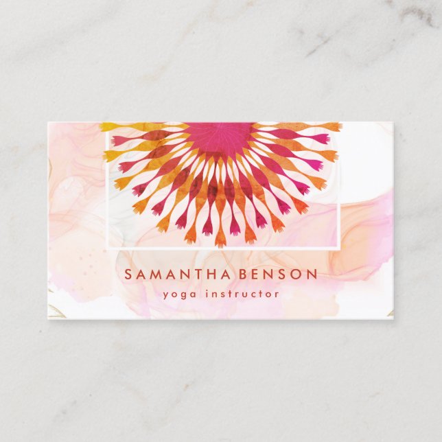 Elegant Lotus Flower White Marble Yoga Instructor Visitkort (Framsida)