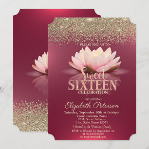 Elegant Lotus Guld Konfetti Diamanter Röd Sweet 16 Inbjudningar