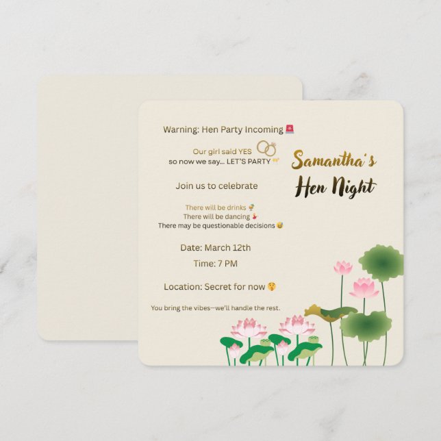 Elegant Lotus Hen Night Inbjudan – Rolig Blommig D (Fram/baksida)