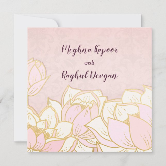 Elegant Lotus Rosa Indian Damask Wedding Inbjudningar (Framsida)