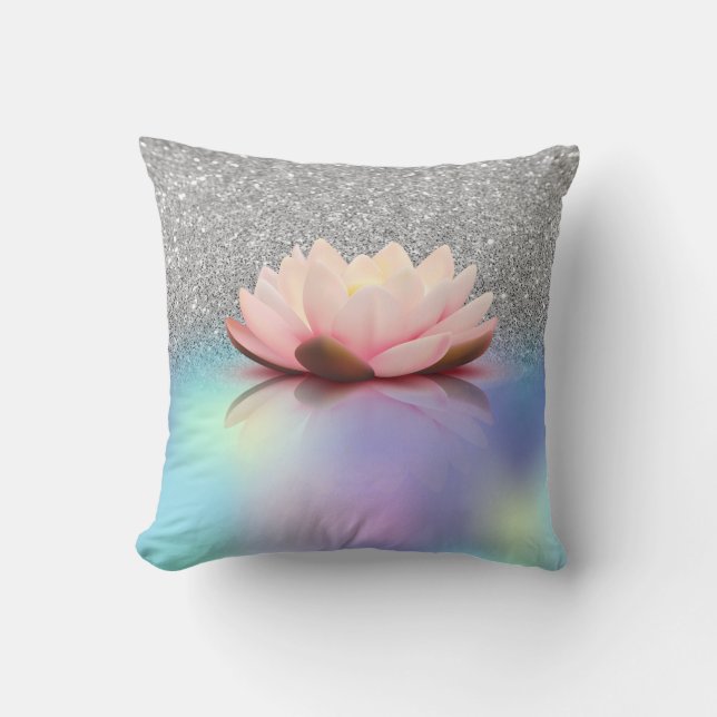 Elegant Lotus Silver Glitter Bokeh Holografisk Kudde (Framsida)