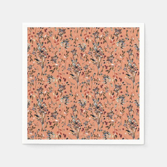 Elegant Löv Berries Orange Blommönster  Pappersservett (Framsidan)