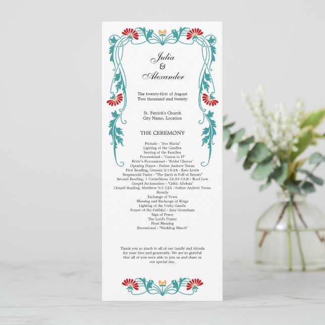 Elegant Löv Blommigtar och Swirls Bröllopsprogram Program (Stående Fram)