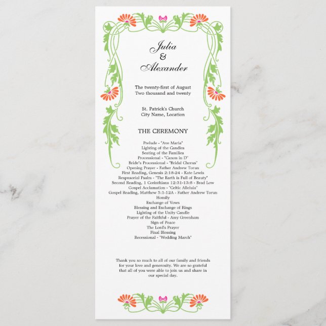 Elegant Löv Blommigtar och Swirls Bröllopsprogram Program (Framsida)