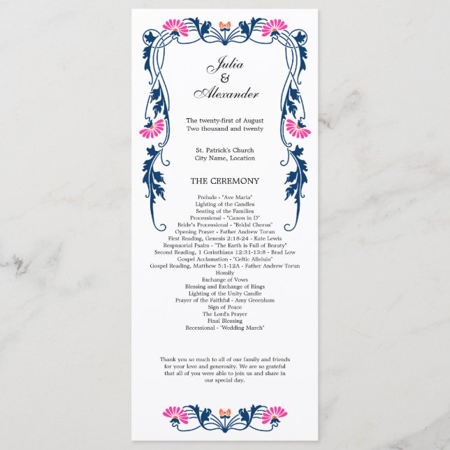 Elegant Löv Blommigtar och Swirls Bröllopsprogram Program (Framsida)