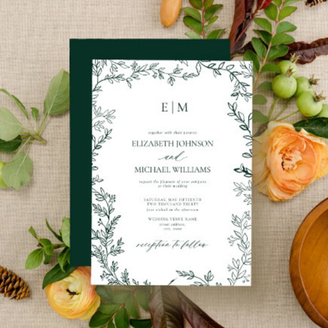 Elegant Löv Emerald Grönt Monogram Bröllop Inbjudningar (Skapare uppladdad)